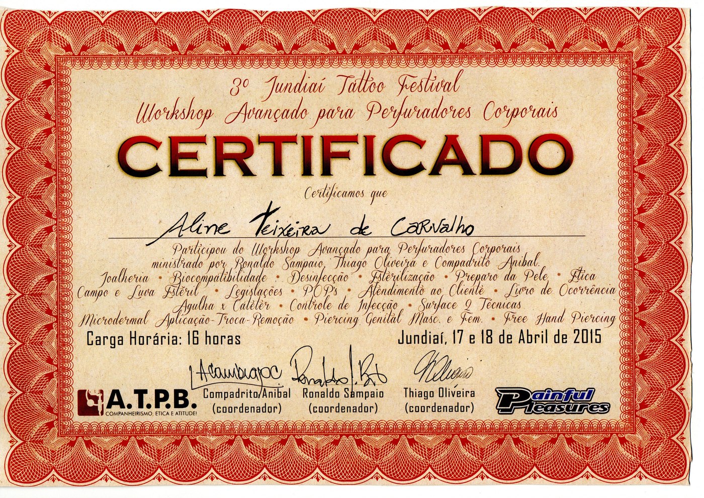 Certificado — Workshop Avançado para Perfuradores Corporais, 3º Jundiaí Tattoo Festival (A.T.P.B.)