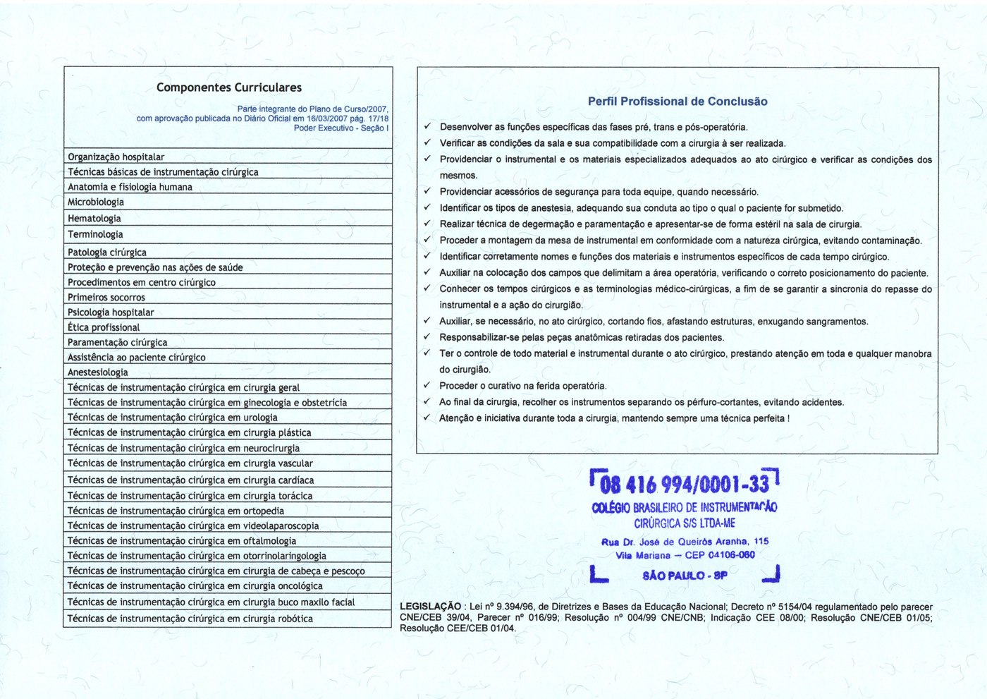 Diploma de Instrumentação Cirúrgica — CBIC, verso: componentes curriculares e perfil profissional