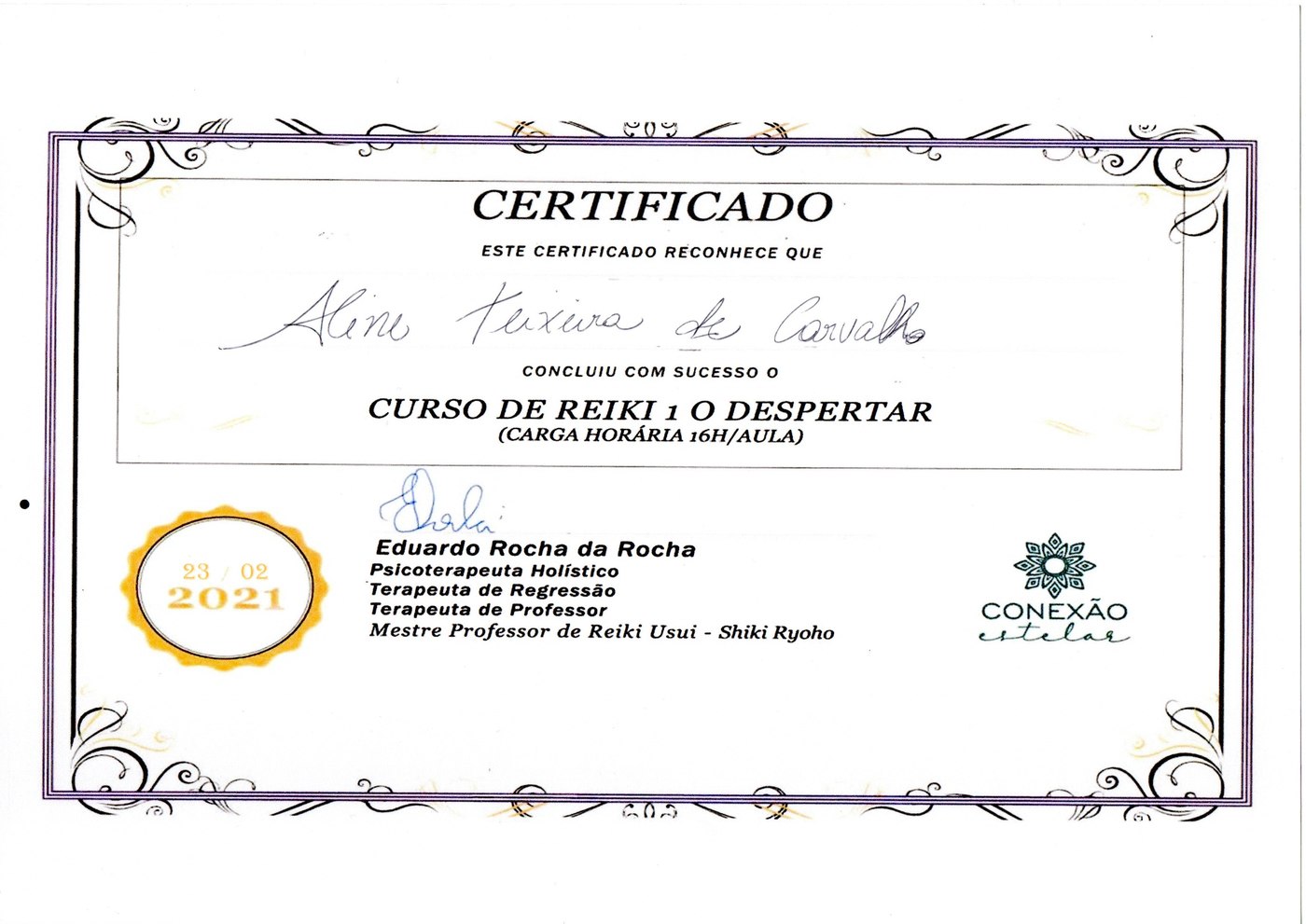 Certificado — Curso de Reiki 1 O Despertar, Conexão Estelar