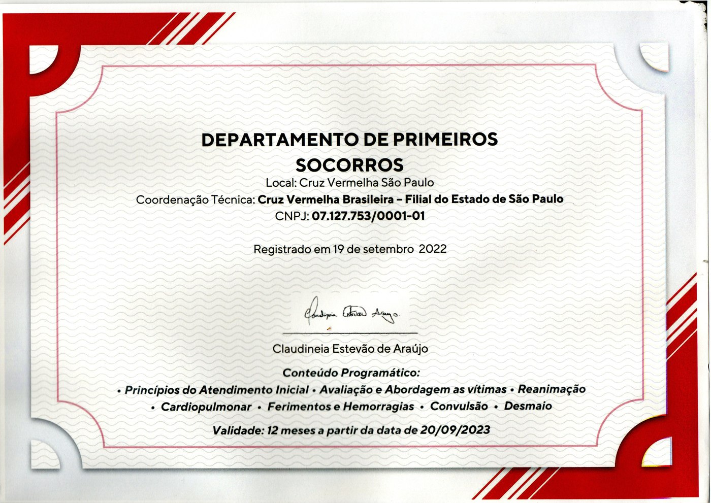 Certificado — Departamento de Primeiros Socorros, Cruz Vermelha, 2022
