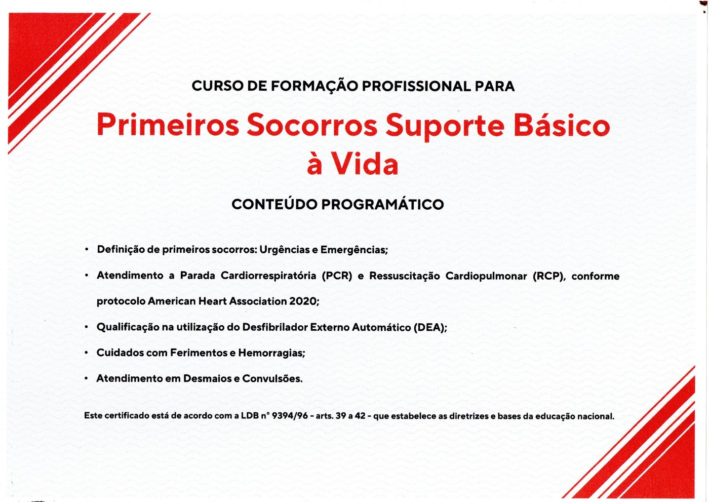 Certificado — Primeiros Socorros Suporte Básico à Vida, Cruz Vermelha, verso: conteúdo programático
