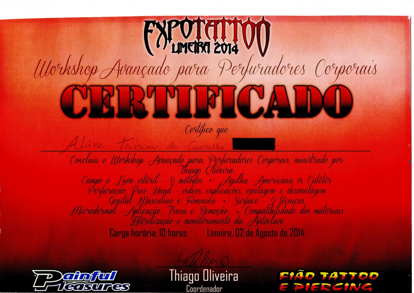 Certificado — Workshop Avançado para Perfuradores Corporais, ExpoTattoo Limeira