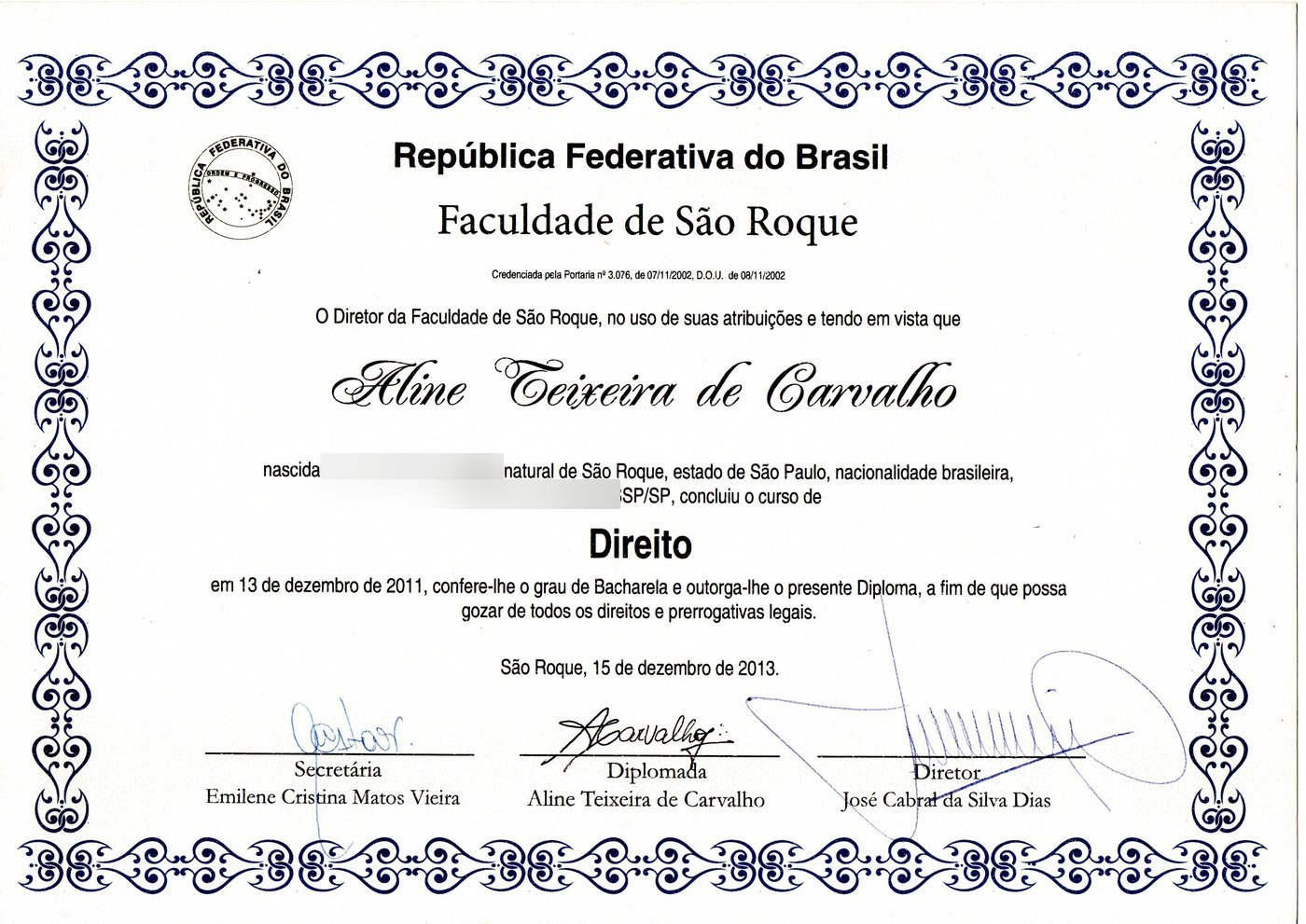 Diploma de Bacharel em Direito — Faculdade de São Roque, frente