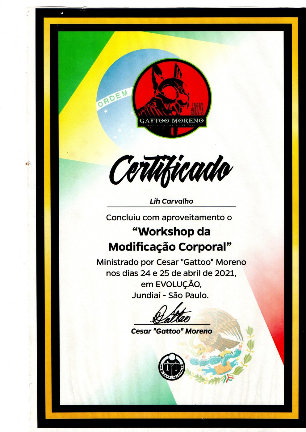Certificado — Workshop da Modificação Corporal, Gattoo Moreno, 2021