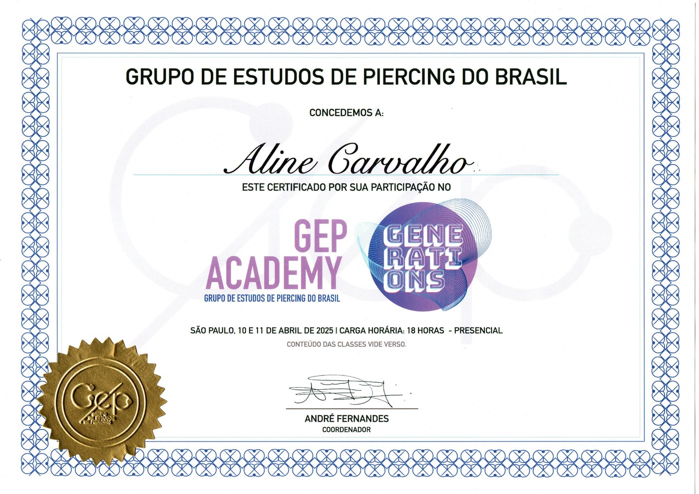 Certificado GEP Academy Generations — frente