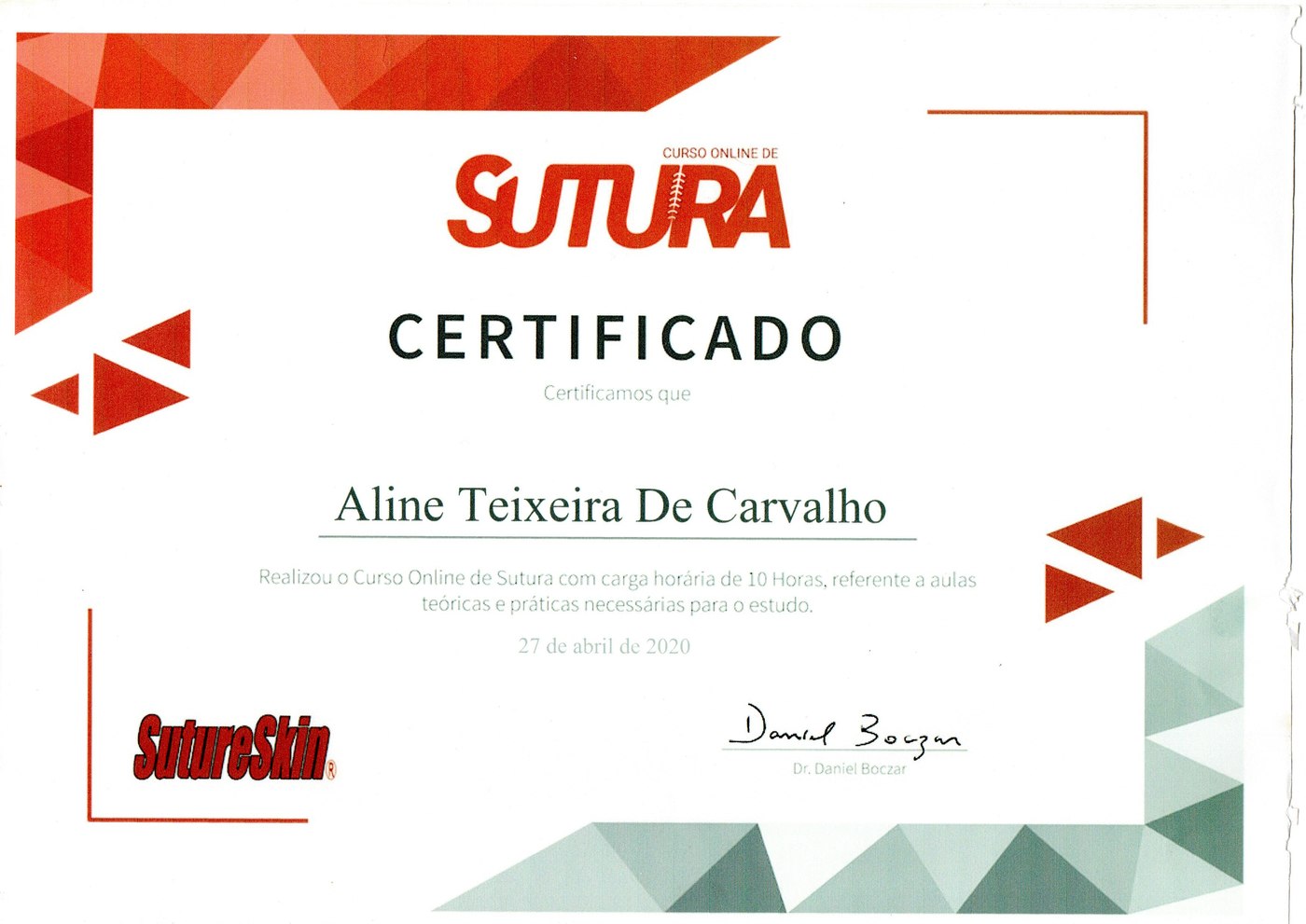 Certificado — Curso Online de Sutura, SutureSkin, 2020